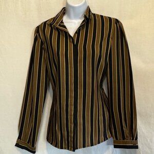 C-79 Christian Dior Black Brown & Cream Stripe‎ Long Sleeve Button Down Blouse